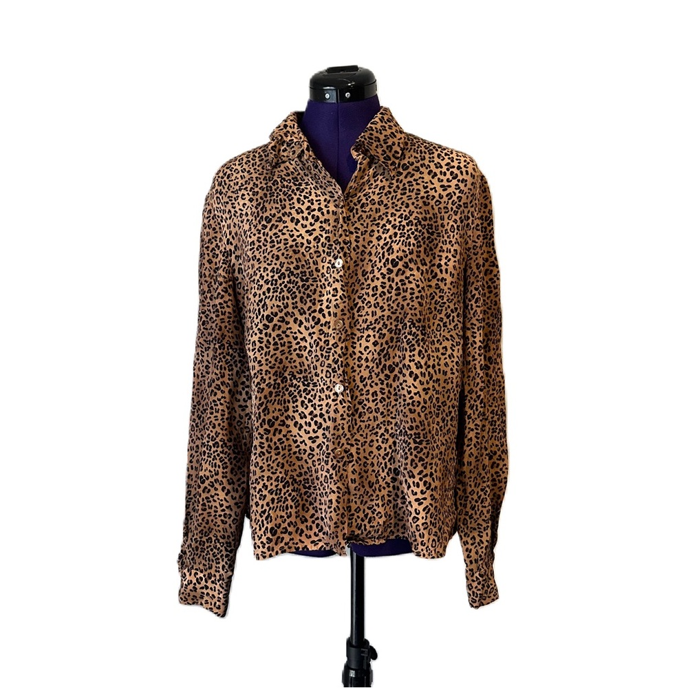 Leopard Print Silk Long Sleeve Button Up Top